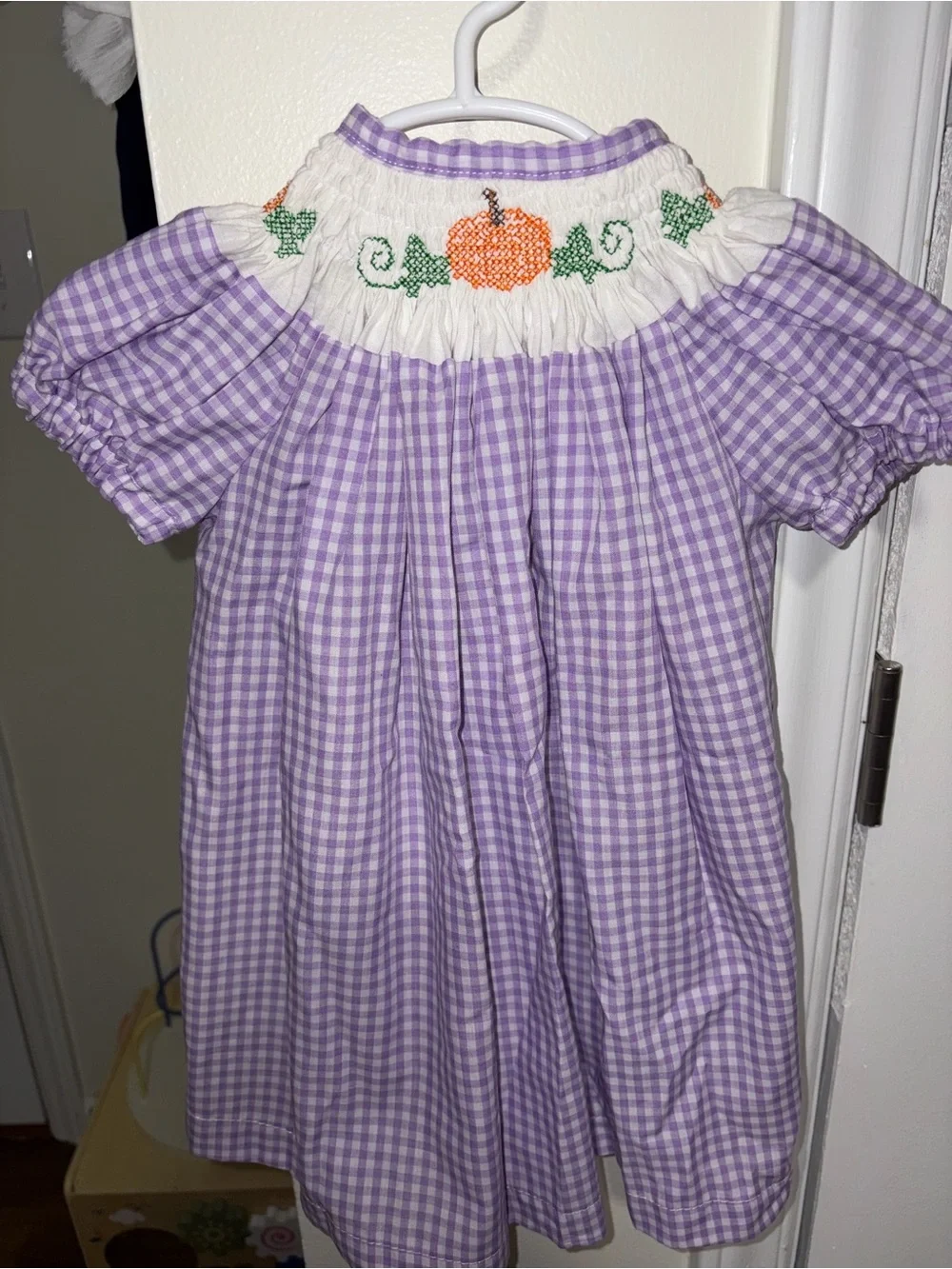 Children's Lavender Gingham Pumpkin Smocked Dress - Brand: